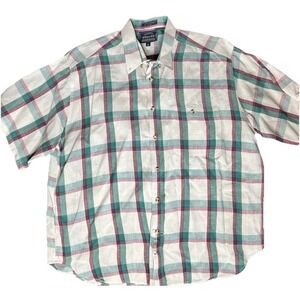Bogari Studio Mens XL Plaid Linen Blend Button Down Shirt Coastal Resort Summer